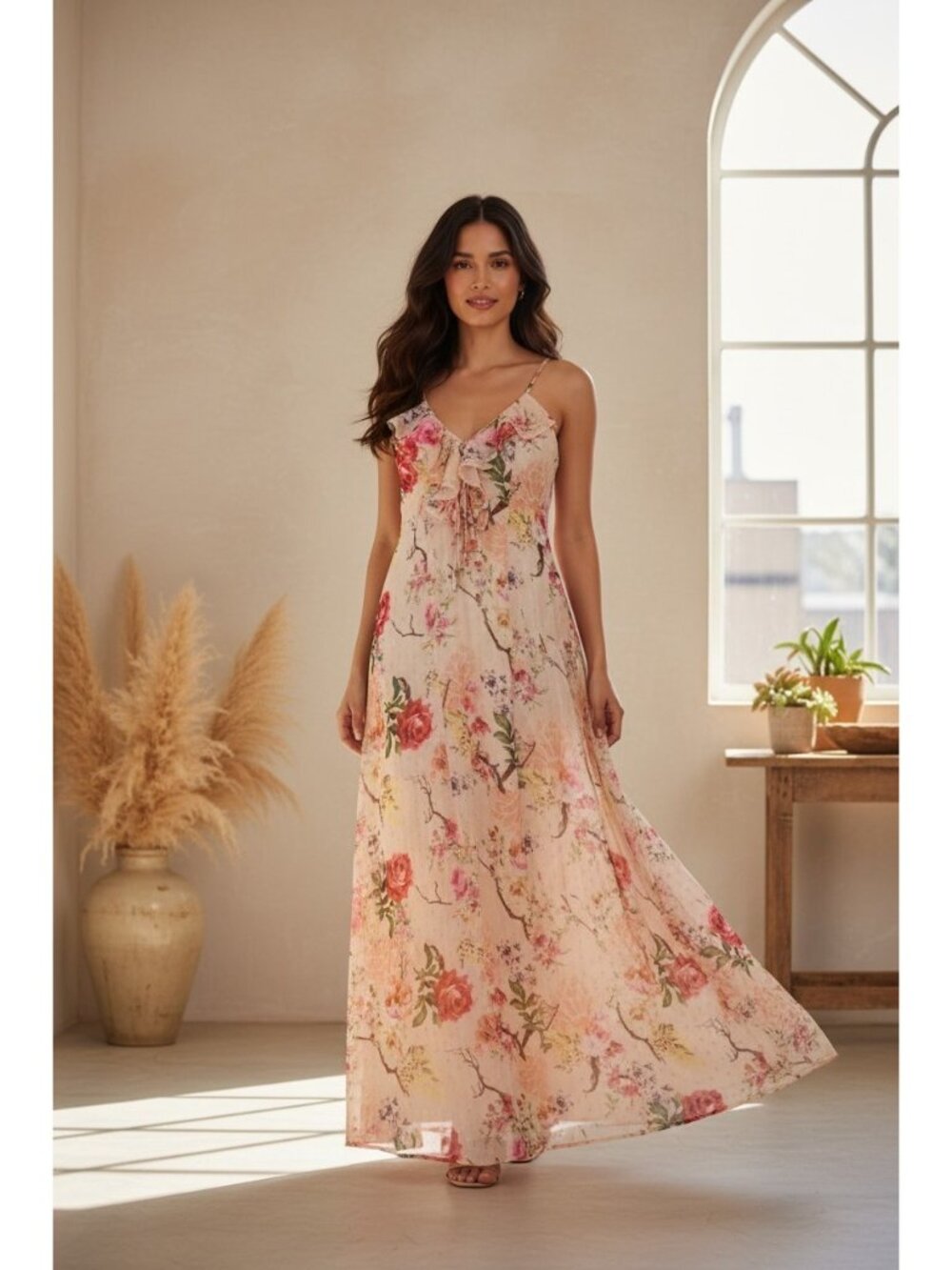 AFRM Maxi Dress Sz L Tan Floral Print Spaghetti Strap Cottagecore Romantic Bohos - Picture 1 of 7
